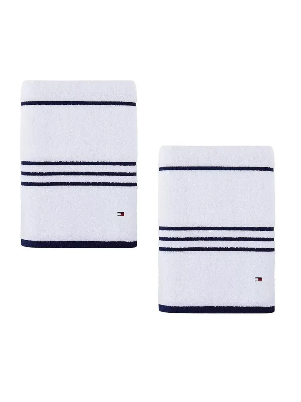 2 new Tommy Hilfiger American 90% Cotton BATH Towels = WHITE with BLACK STRIPES